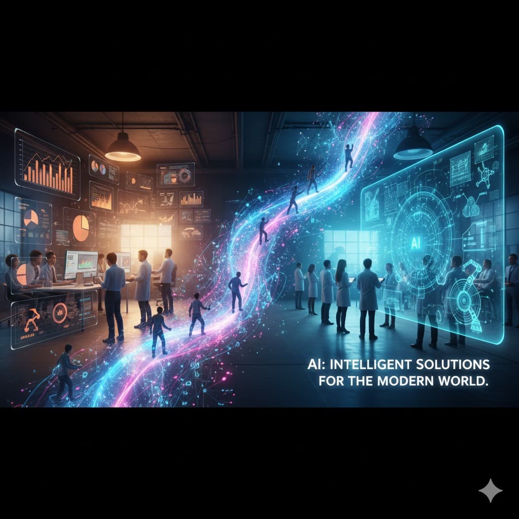 A futuristic depiction of a team collaborating with AI, showing data streams and interactive digital interfaces.